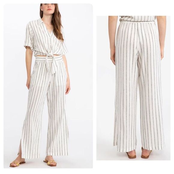 Sanctuary Pants - Sanctuary Ocean Front Wide Leg Pull On Pant Marina Stripe Linen Blend XL